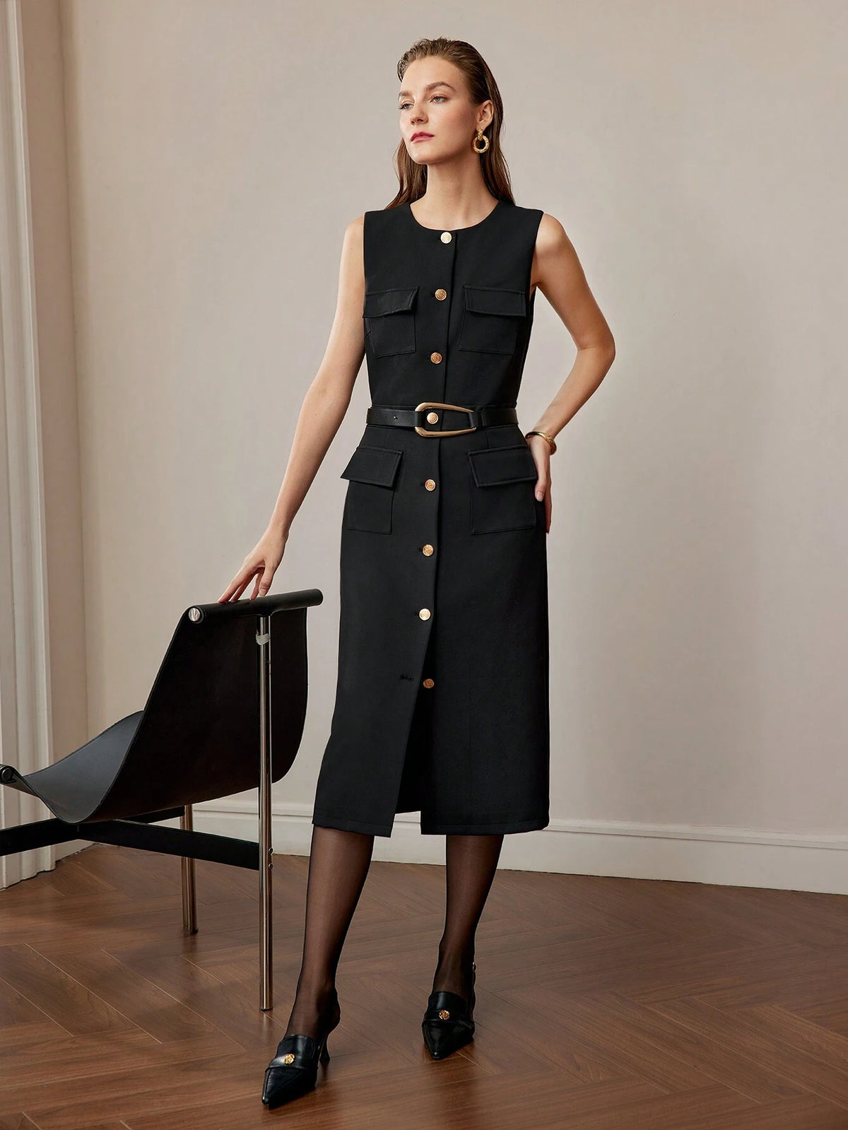 Button-Front Sleeveless Dress
