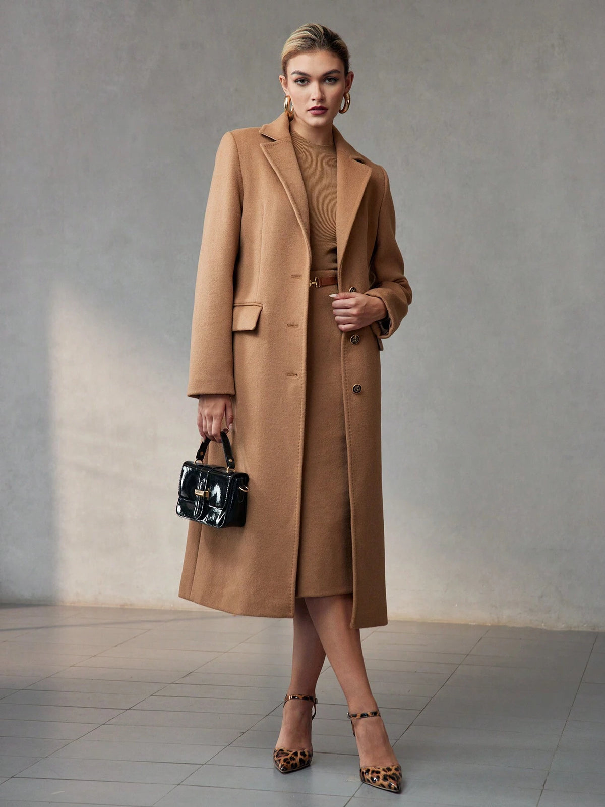 Long Wool Coat with Lapel Collar