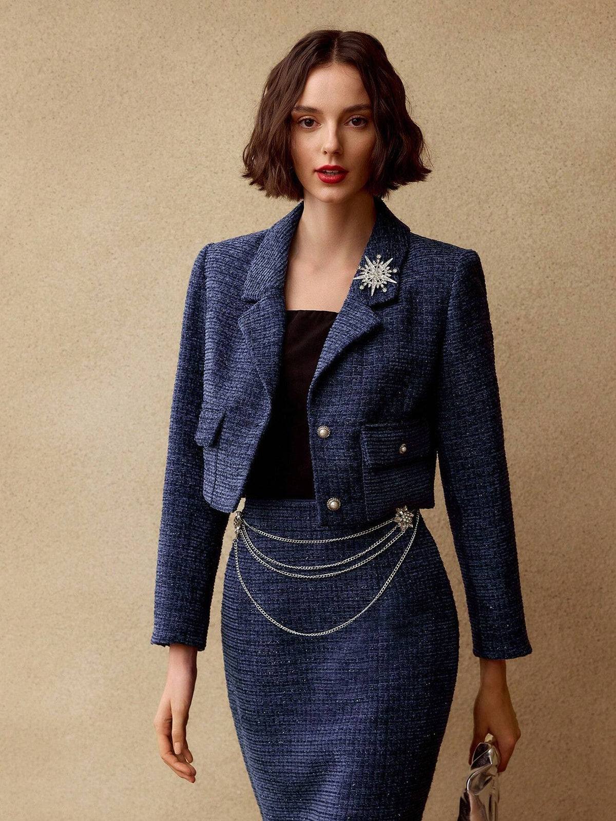 Cropped Tweed Blazer with Lapel
