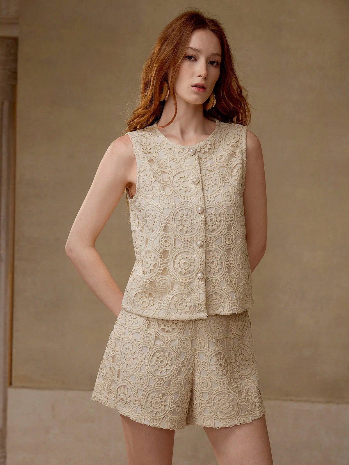 Buttoned Top and Guipure Lace Shorts Set