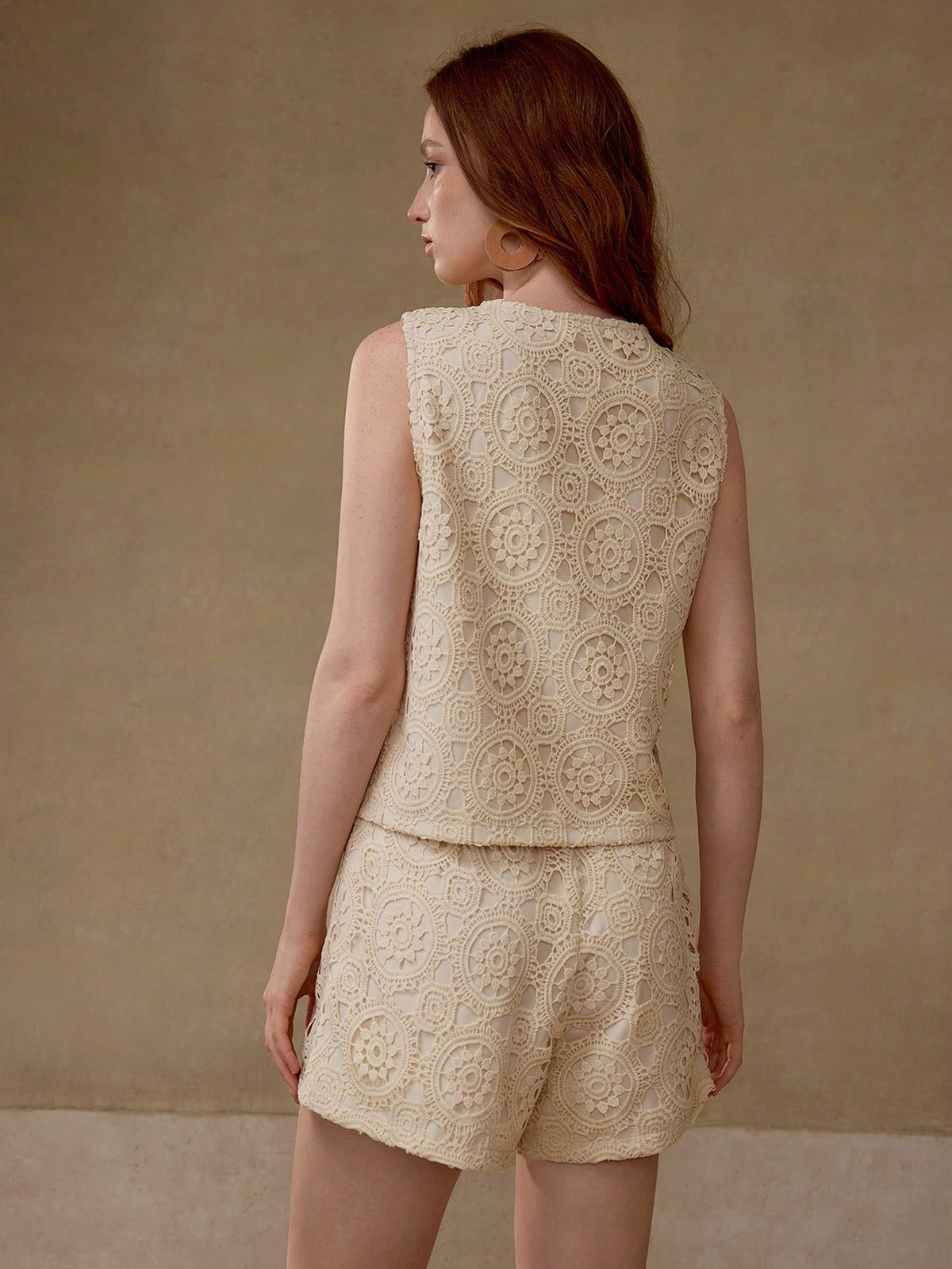 Buttoned Top and Guipure Lace Shorts Set