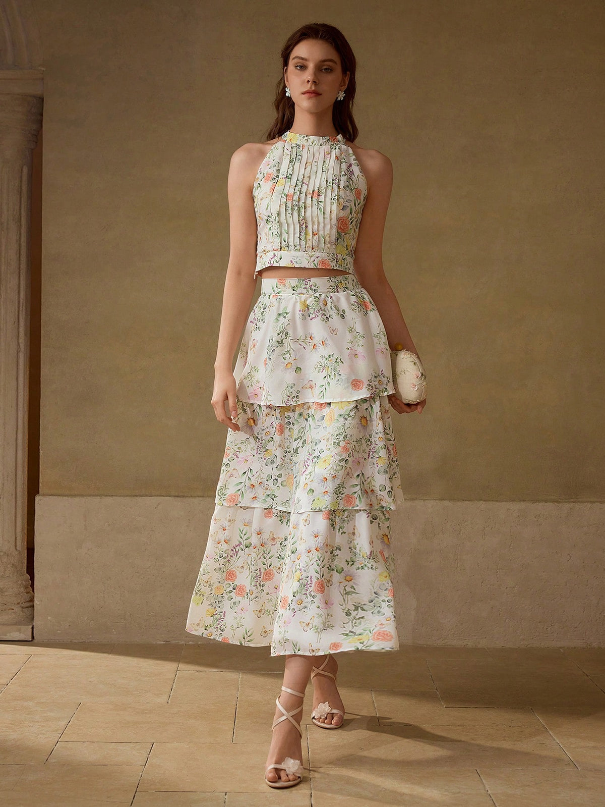 Floral Pleated Cropped Set