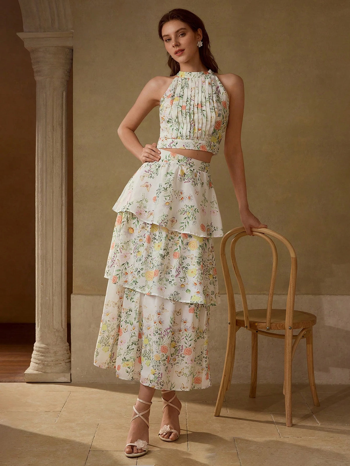 Floral Pleated Cropped Set