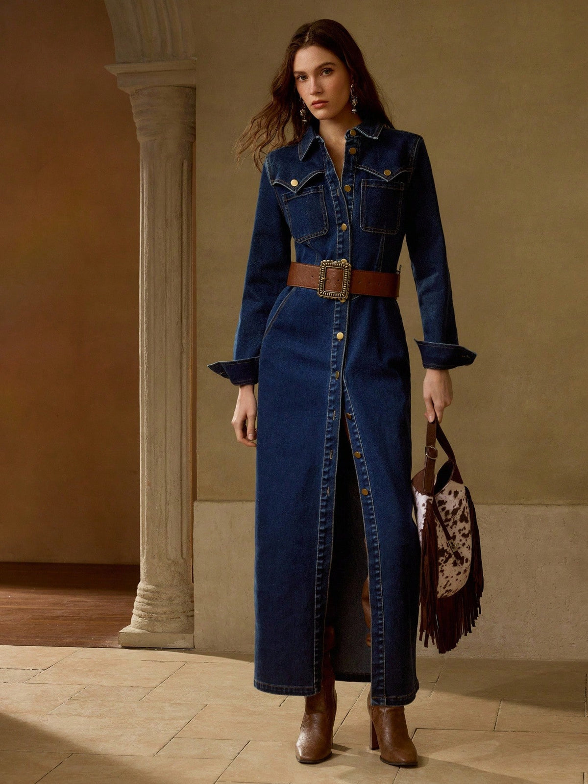 Denim Dress with Diagonal Pocket
